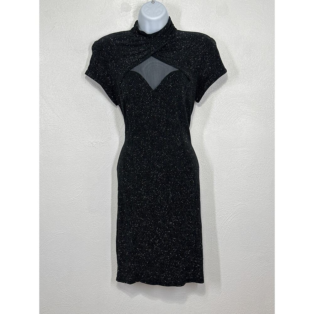 VTG 90s Y2K Night Ways Dress 10 Black Silver Sparkly Sheer Cut Outs Evening